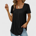 Women's Blouse Short Sleeve with Square Neckline and Pleated Front - Black