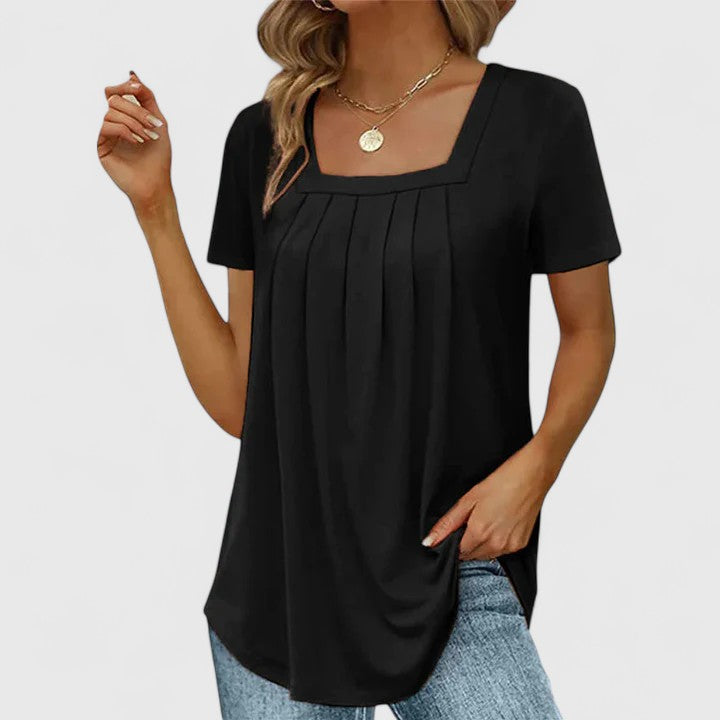 Women's Blouse Short Sleeve with Square Neckline and Pleated Front - Black