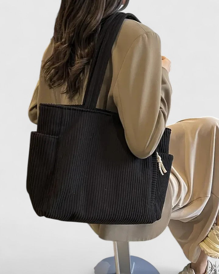 Women's Tote Bag with Ribbed Texture and Side Pockets - 8