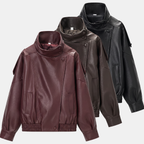 Women's Pebbled Faux Leather Bomber Jacket Oversized Stand Collar - 12