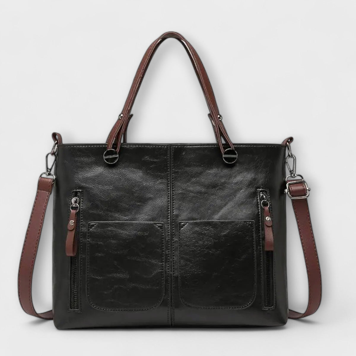 Women's Structured Tote Handbag with Front Pockets - Black
