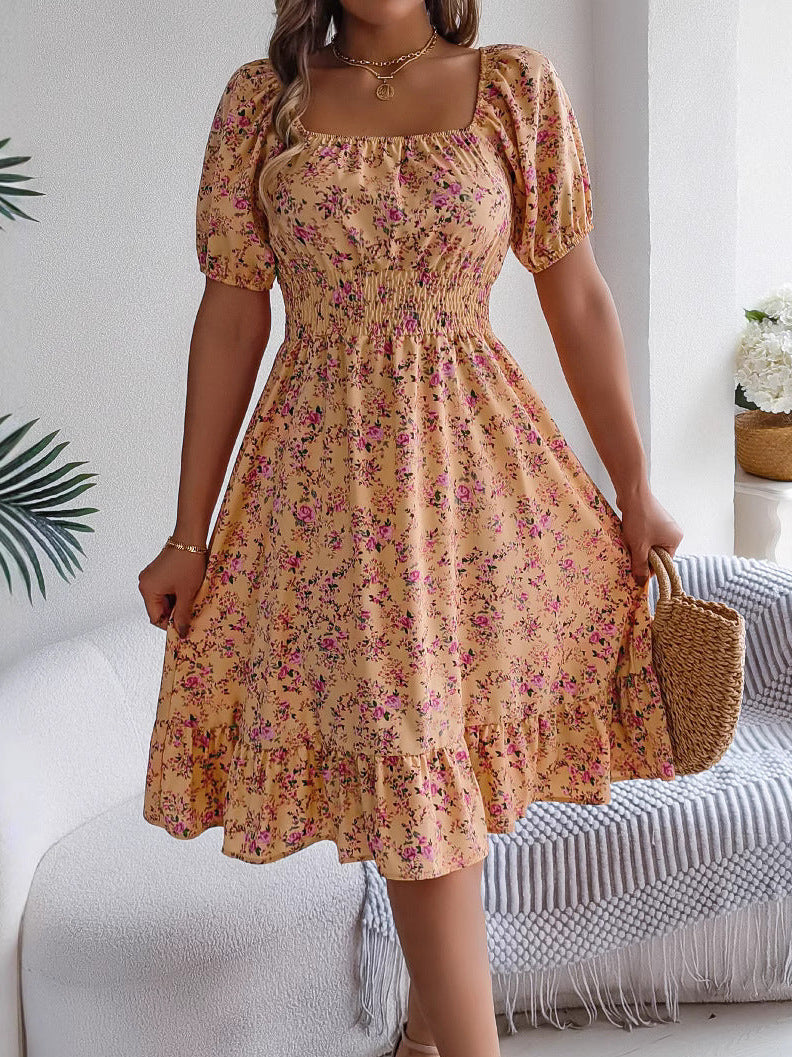 Women's Floral Dress with Frill Hem and High Waist - 3