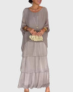 Women's Tiered Maxi Dress with Round Neck and Long Sleeves - Grey