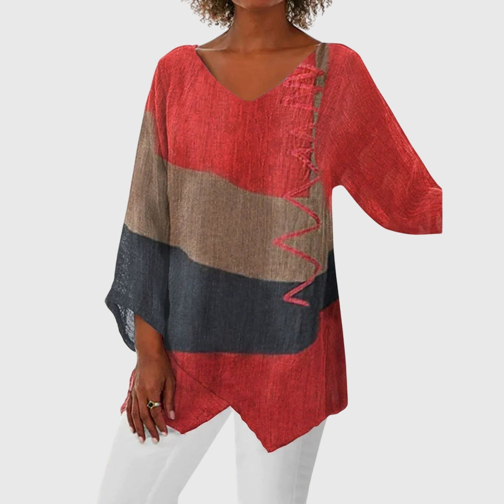 Women's V-Neck Top with Colour Block Print and Flowy Cut - Red