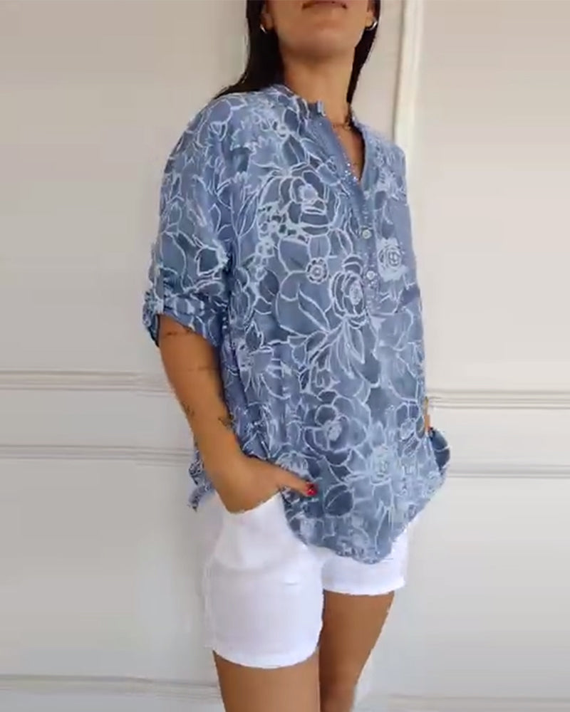 Women's Floral Print Blouse with Roll-Up Sleeves and V-Neck - 9