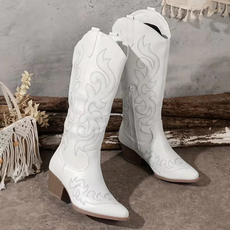 Women's Knee-High Embroidered Cowboy Boots with Pointed Toe - White