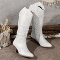 Women's Knee-High Embroidered Cowboy Boots with Pointed Toe - White