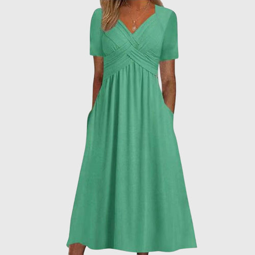 Women's Midi Dress Short Sleeve with Crossover V-Neck and A-Line Skirt - Green