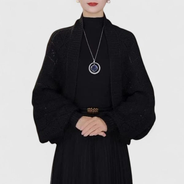 Women's Open-Front Cardigan with Balloon Sleeves - Black