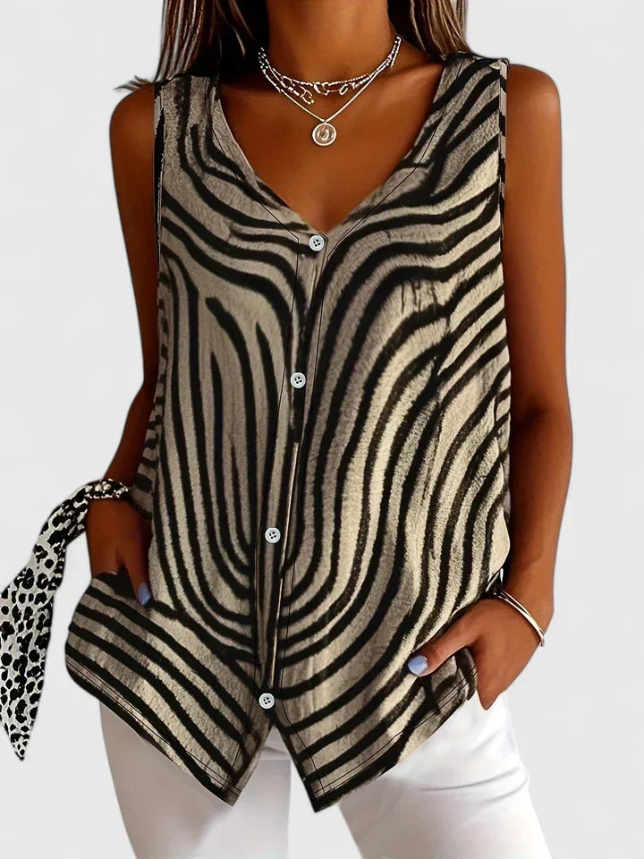 Women's Sleeveless Blouse with V-Neck and Button Front - Khaki