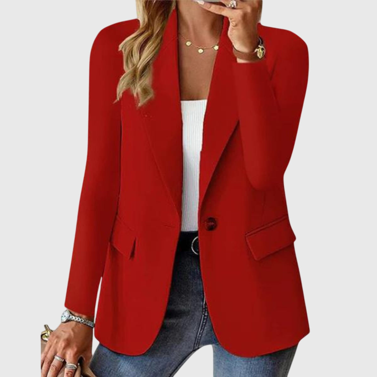 Women's Tailored Blazer with Notch Lapel and Single Button Fastening - Red
