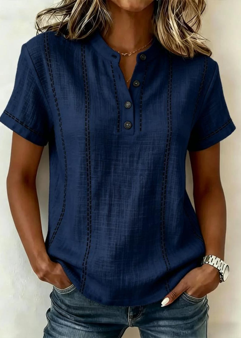 Women's Short Sleeve Blouse with Mandarin Collar and V-Neck Button Front - Navy Blue
