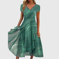 Women's Midi Dress with V-Neck and Flowing Swirl Print Skirt - Green