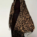 Women's Winter Scarf with Fringed Edges and Leopard Print - 5