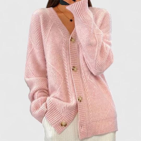 Women's Cardigan with V-Neck and Button Fastening - Pink