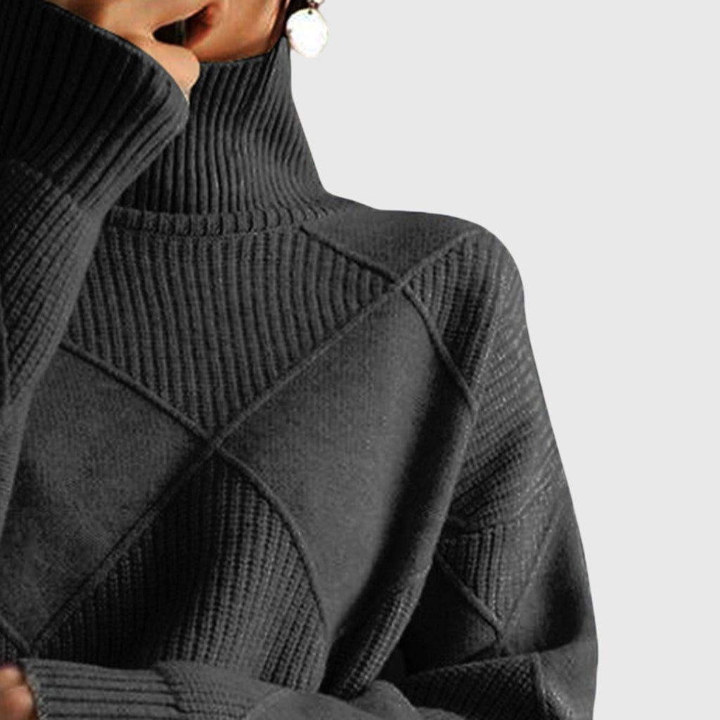 Women's Roll Neck Jumper with Geometric Knit Pattern - 12