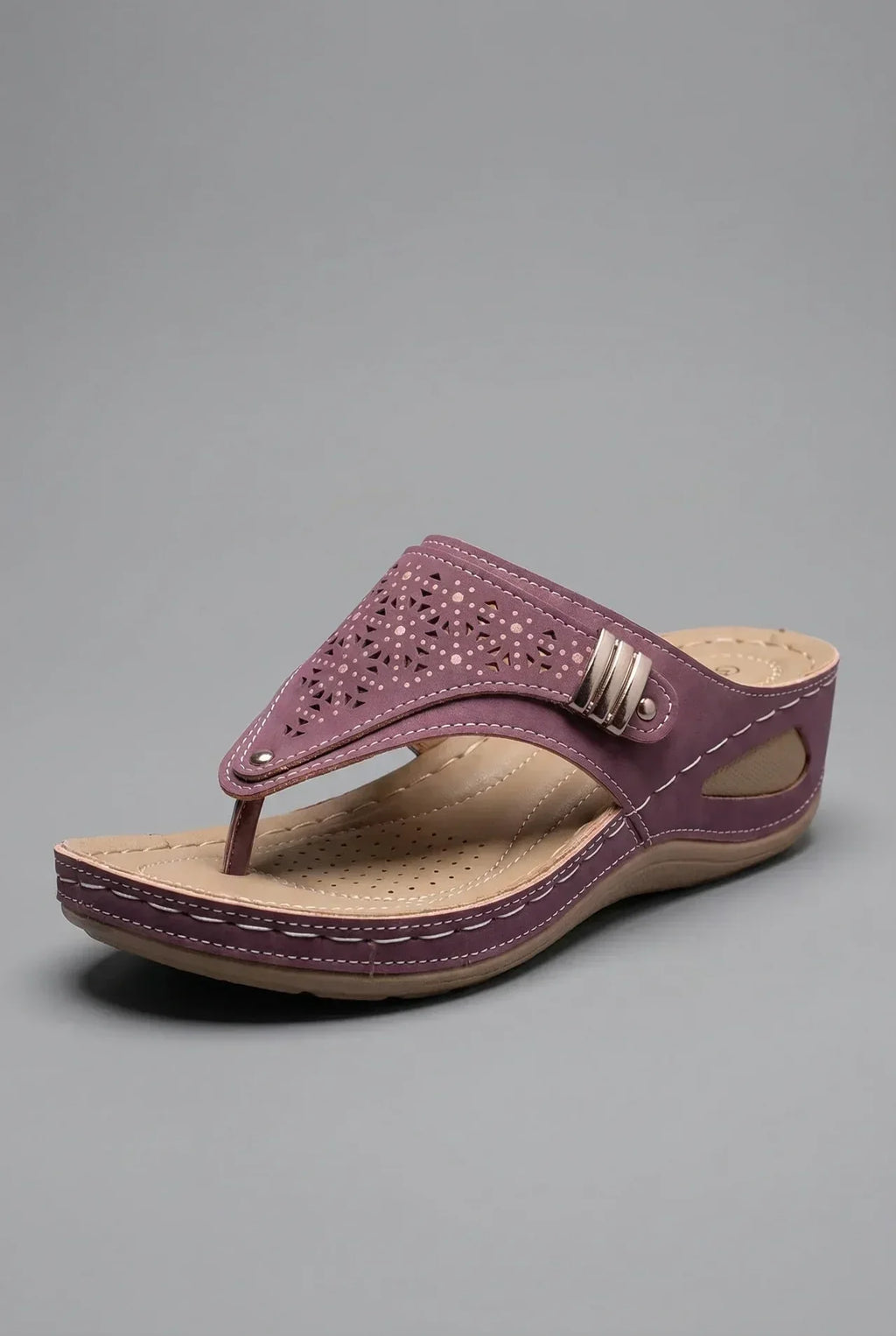 Women's Wide Fit Wedge Sandals with Toe Post Strap - Purple