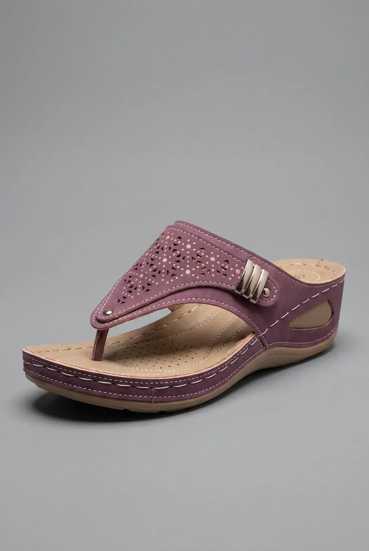 Women's Wide Fit Wedge Sandals with Toe Post Strap - Purple