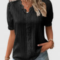 Women's V-Neck Blouse with Short Sleeves and Lace Trim - Black