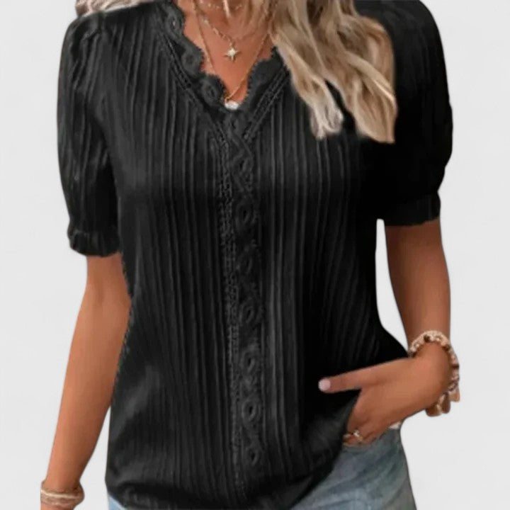 Women's V-Neck Blouse with Short Sleeves and Lace Trim - Black