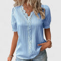 Women's V-Neck Blouse with Short Sleeves and Lace Trim - Blue