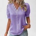 Women's V-Neck Blouse with Short Sleeves and Lace Trim - Purple