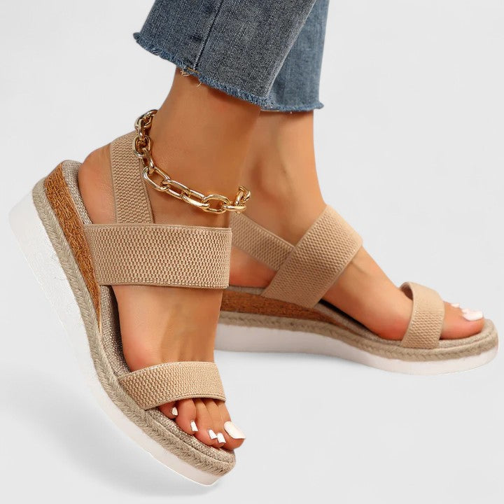 Women's Wedge Sandals with Elastic Straps and Espadrille Sole - Brown