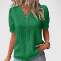 Women's V-Neck Blouse with Short Sleeves and Lace Trim - Green
