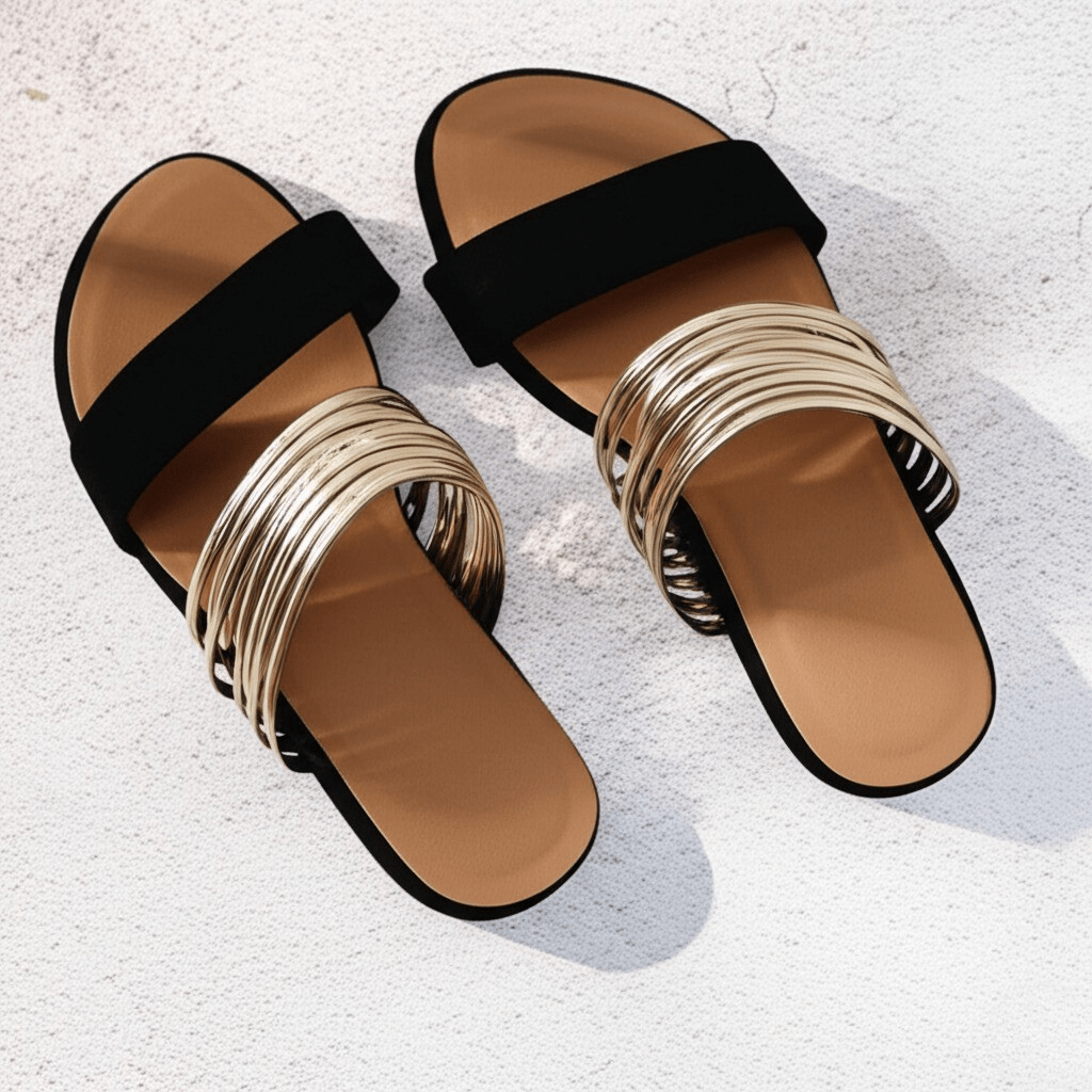 Women's Slide Sandals with Metallic Strap Detail - 11