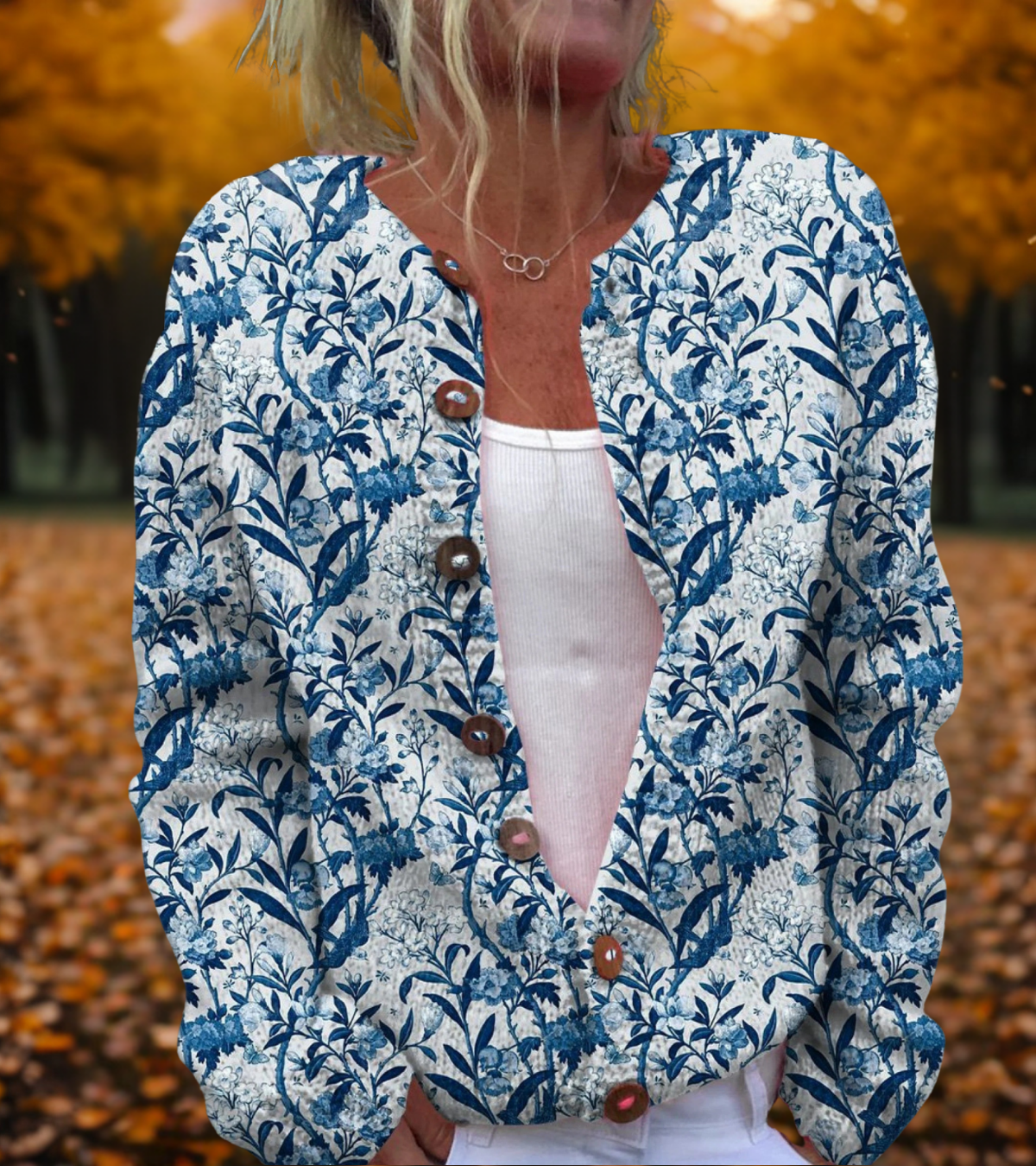 Women's Cardigan with Floral Print and Button Front - Blue/White