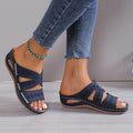 Women's Slide Sandals with Embroidered Cutout Straps and Wedge Sole - Blue