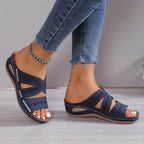 Women's Slide Sandals with Embroidered Cutout Straps and Wedge Sole - Blue