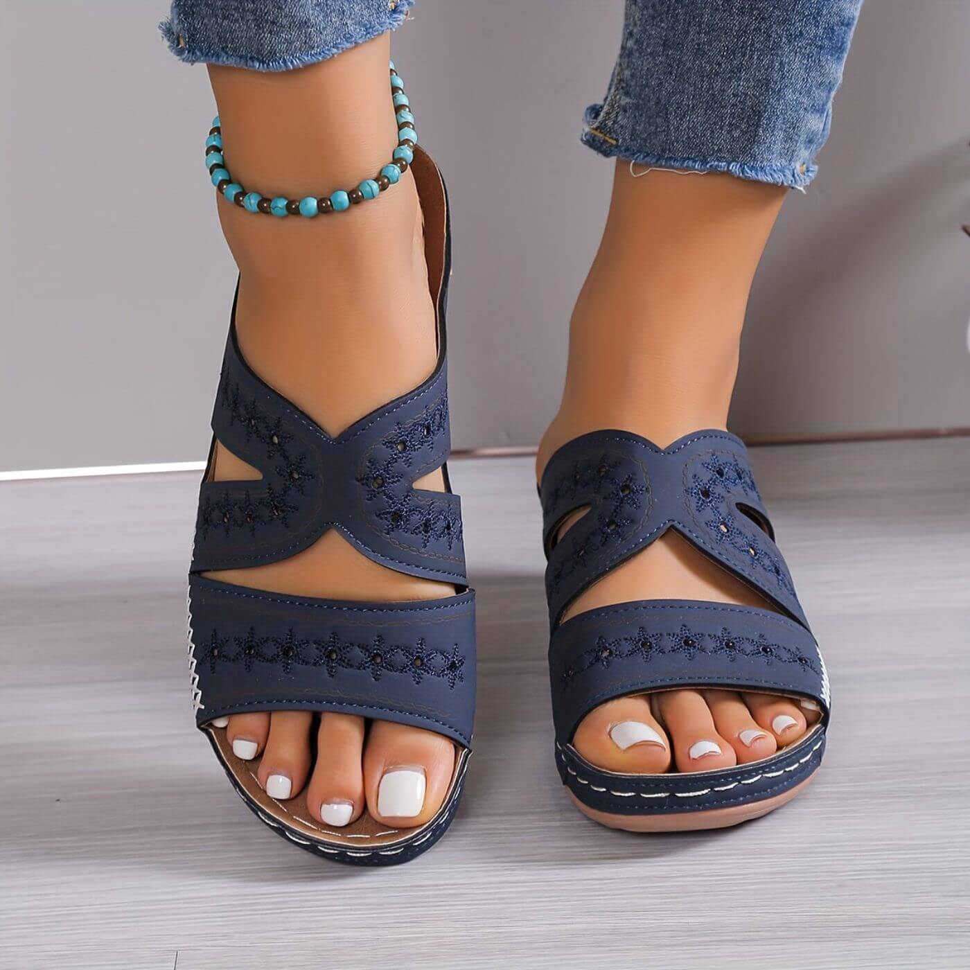 Women's Slide Sandals with Embroidered Cutout Straps and Wedge Sole - 6