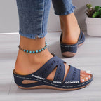 Women's Slide Sandals with Embroidered Cutout Straps and Wedge Sole - 7