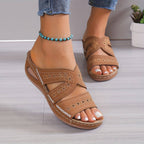Women's Slide Sandals with Embroidered Cutout Straps and Wedge Sole - Brown