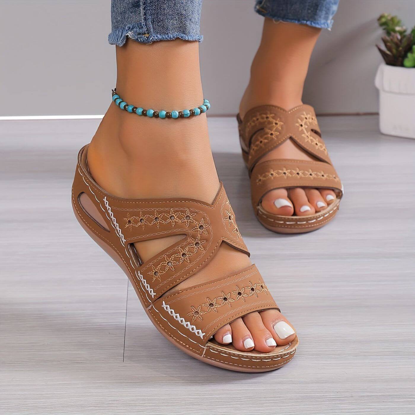 Women's Slide Sandals with Embroidered Cutout Straps and Wedge Sole - Brown