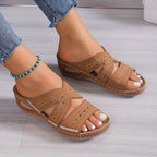Women's Slide Sandals with Embroidered Cutout Straps and Wedge Sole - 5