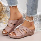 Women's Slide Sandals with Embroidered Cutout Straps and Wedge Sole - Pink