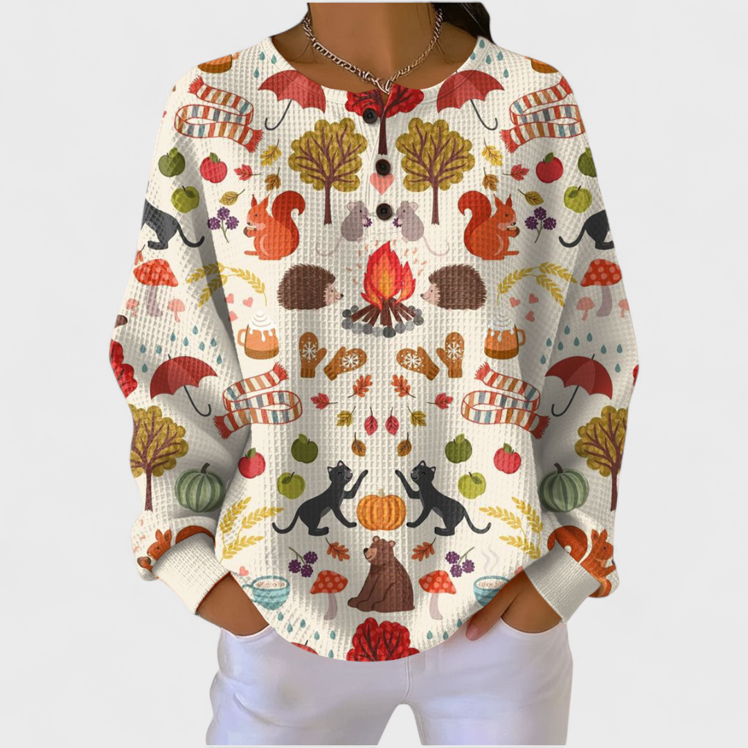Women's Jumper Long Sleeve with Autumn Print and Round Neck - Multicolour