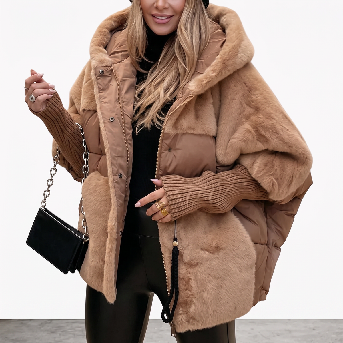 Women's Hooded Padded Coat with Plush Panels and Ribbed Cuffs - Brown
