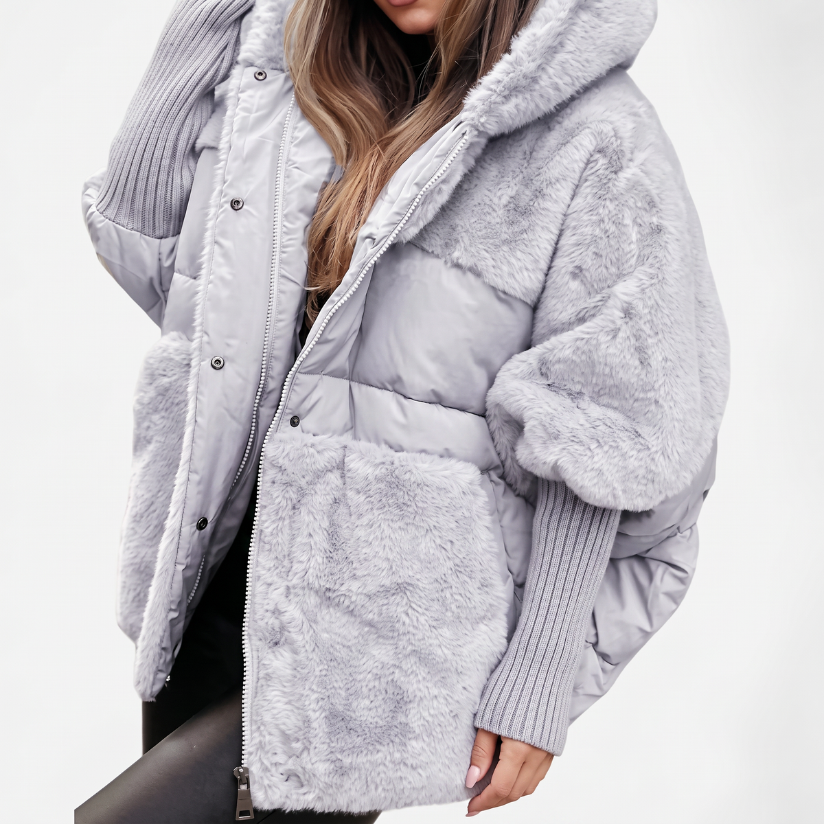 Women's Hooded Padded Coat with Plush Panels and Ribbed Cuffs - Grey