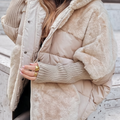 Women's Hooded Padded Coat with Plush Panels and Ribbed Cuffs - Beige