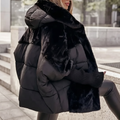 Women's Hooded Padded Coat with Plush Panels and Ribbed Cuffs - Black