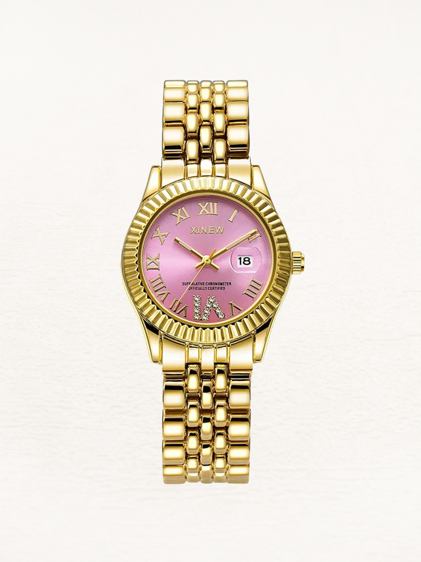 Women's Crystal Watch with Fluted Bezel and Roman Numerals - 2
