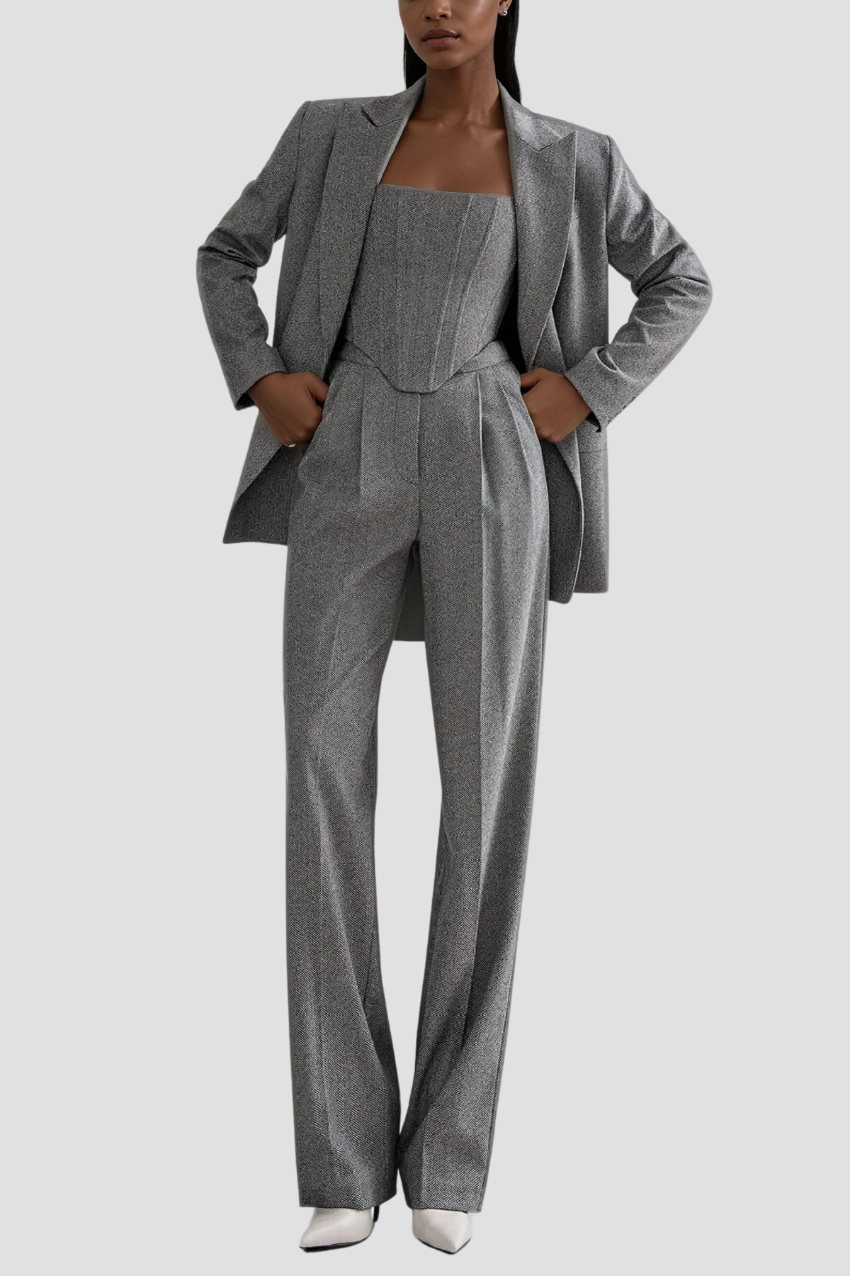 Women's Three-Piece Trouser Suit with Strapless Lapel Top - 2
