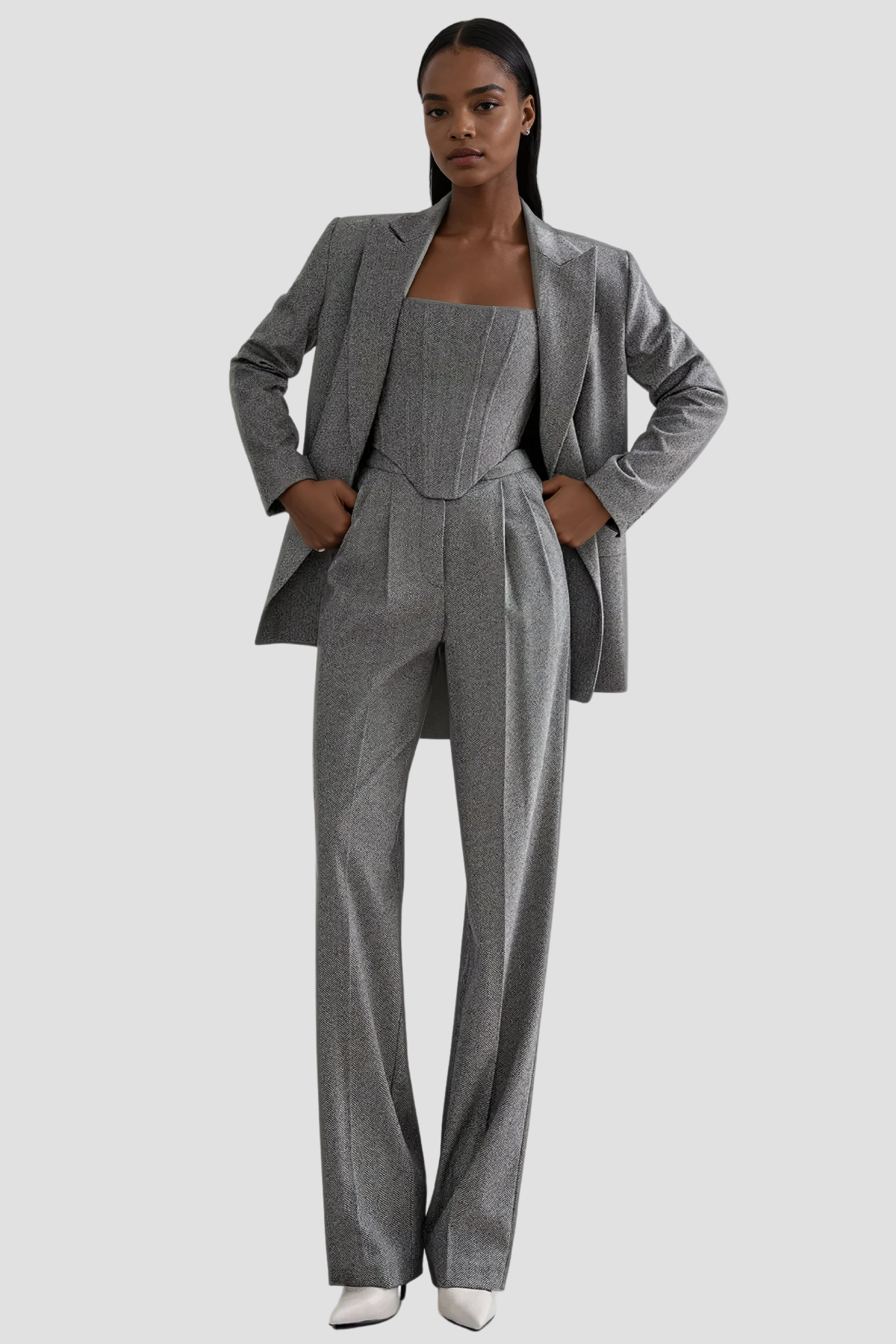 Women's Three-Piece Trouser Suit with Strapless Lapel Top - 3