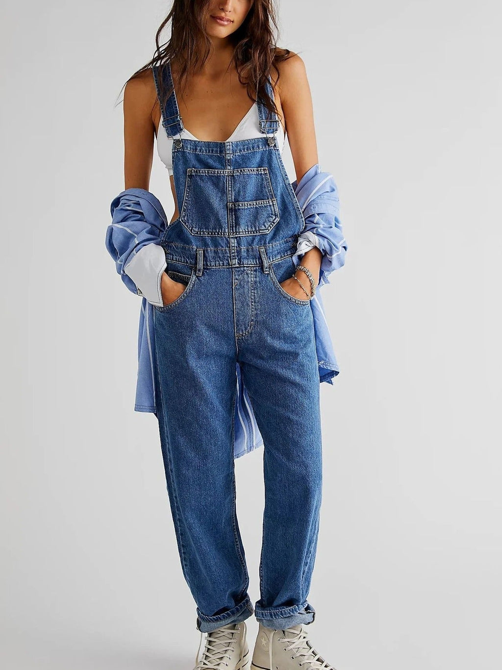 Women's Denim Dungarees with Adjustable Straps and Relaxed Fit - Medium Denim