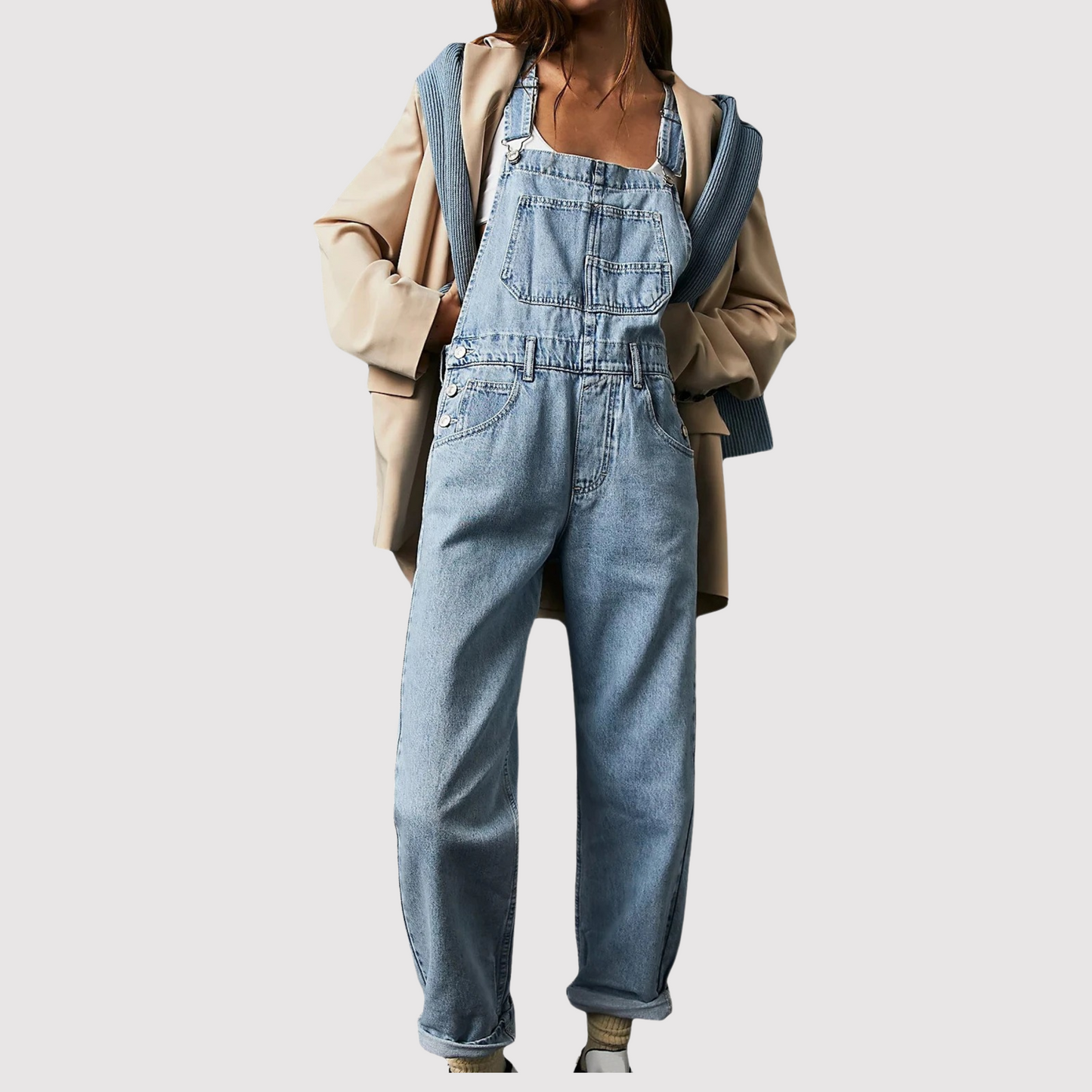 Women's Denim Dungarees with Adjustable Straps and Relaxed Fit - Light Denim