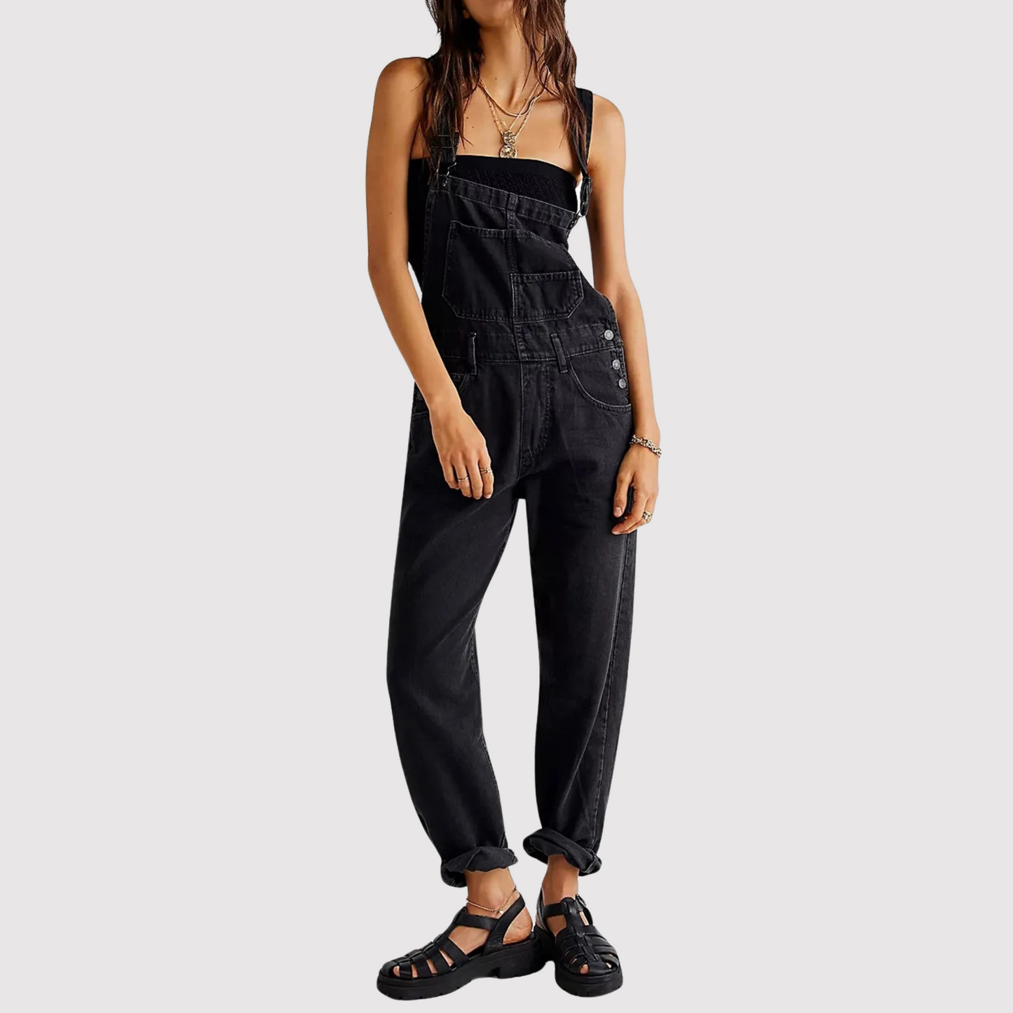 Women's Denim Dungarees with Adjustable Straps and Relaxed Fit - Black