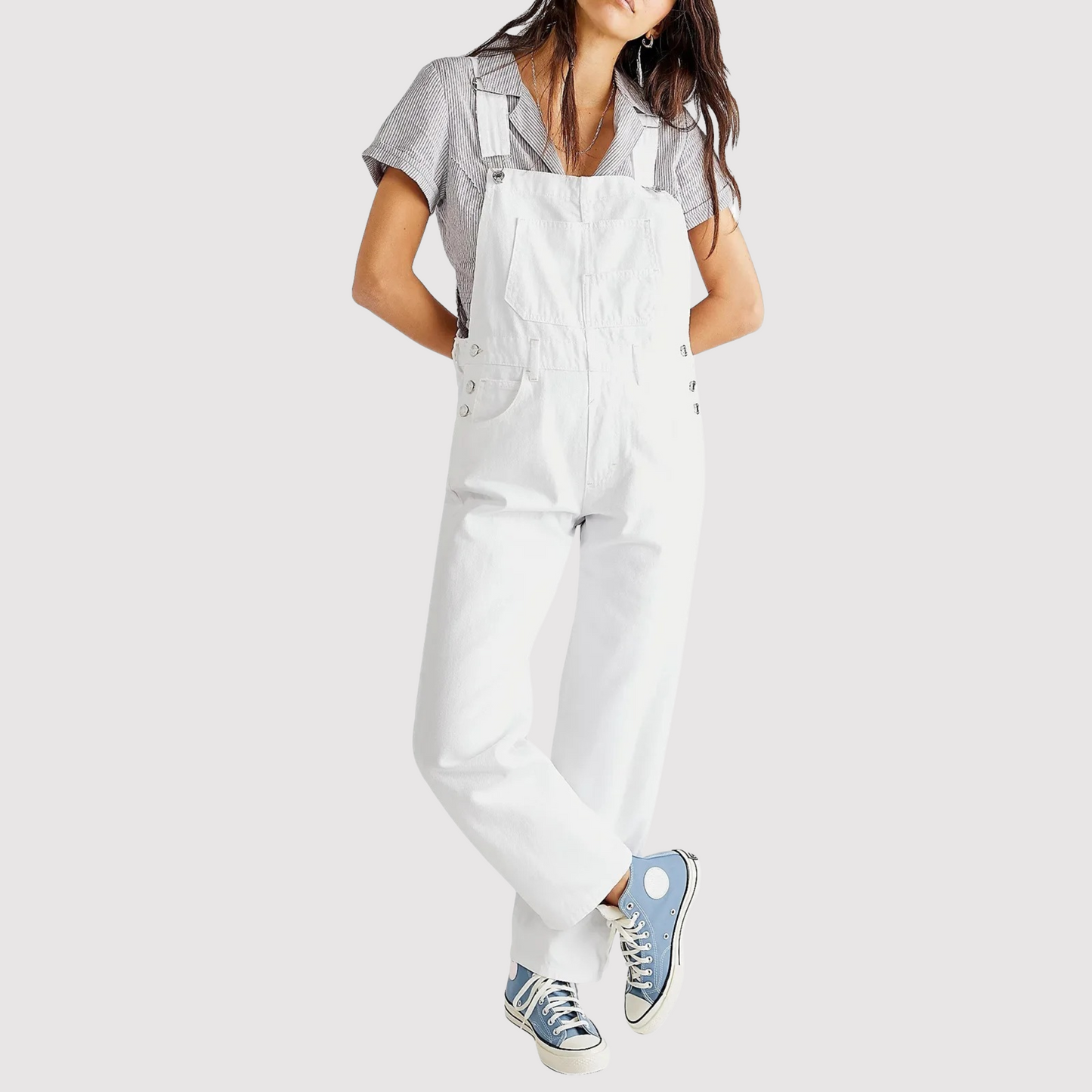 Women's Denim Dungarees with Adjustable Straps and Relaxed Fit - White